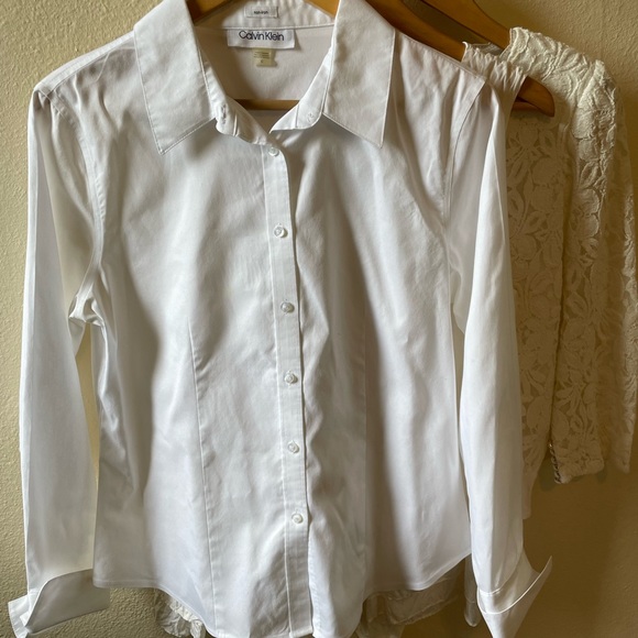 BUNDLED: J.JILL Beaded Top, PROSPECT Lace Body Suit, CALVIN KLEIN Oxford blouse. - Picture 3 of 15